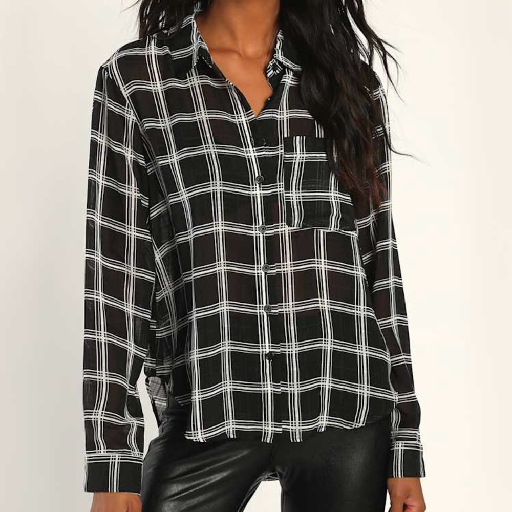 Lulus Black Sheer Grid Pattern Button Up Top Size Large